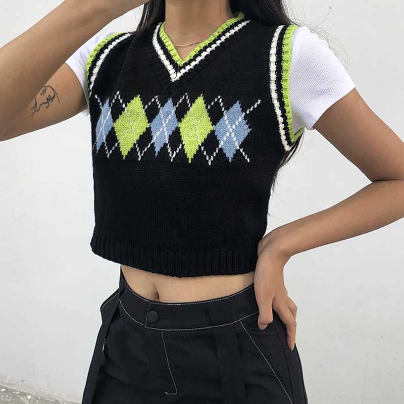 Checkered Cropped Knitted Tank Argyle Sleeveless Jumper on sale - SOUISEE