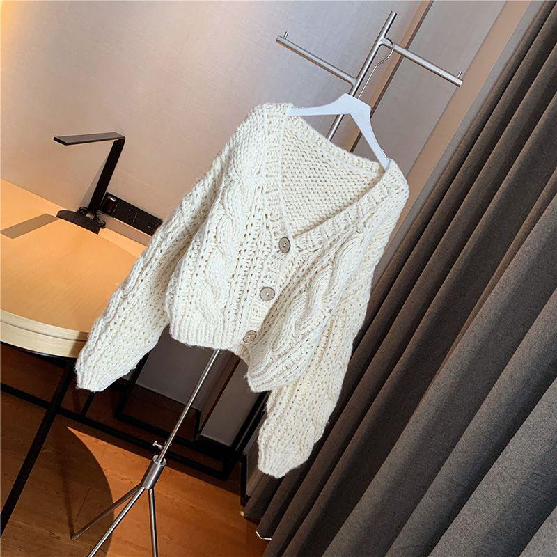 Hand Knitted Braid Chunky Cable Knit V Neck Button Crop Cardigan Sweater on sale - SOUISEE