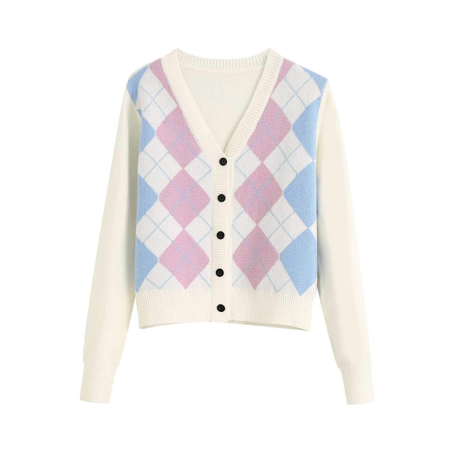 Classic Retro Color block Argyle Print Button Down Sweaters on sale - SOUISEE