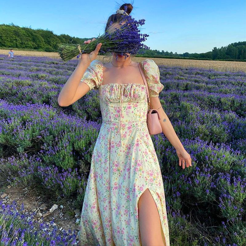 Boho Flower Garden Floral PUFF SLEEVE Square Neck Side Thigh Split Midi Dress on sale - SOUISEE