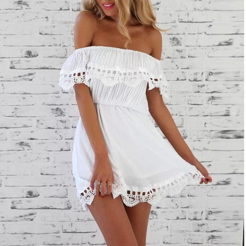 Lace Trimed Off The Shoulder White Mini-Dress Flowy on sale - SOUISEE