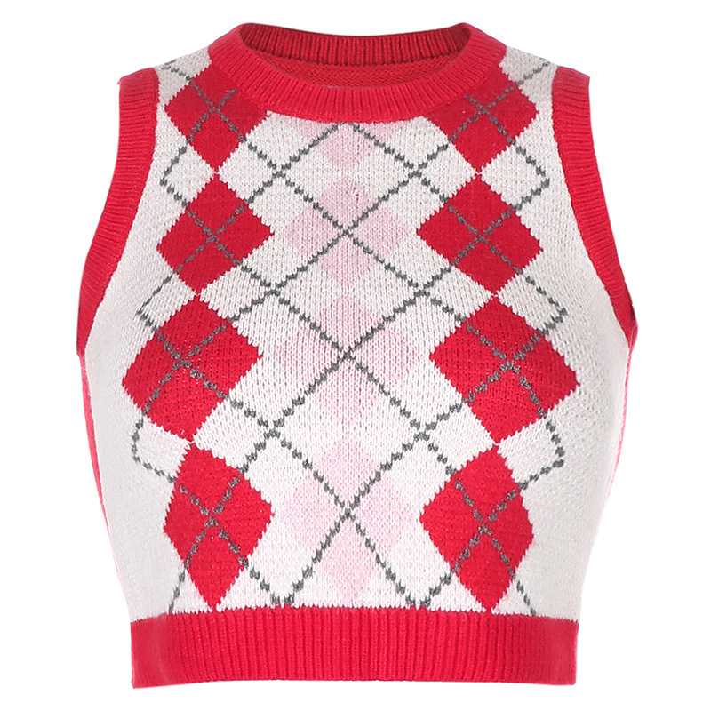 Checkered Cropped Knitted Tank Argyle Sleeveless Jumper on sale - SOUISEE