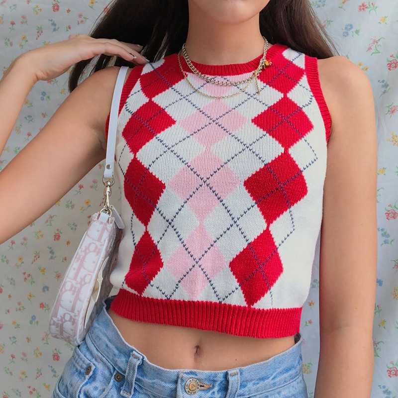 Checkered Cropped Knitted Tank Argyle Sleeveless Jumper on sale - SOUISEE