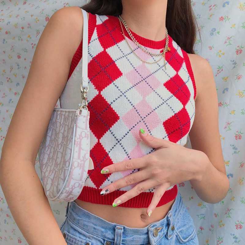 Checkered Cropped Knitted Tank Argyle Sleeveless Jumper on sale - SOUISEE