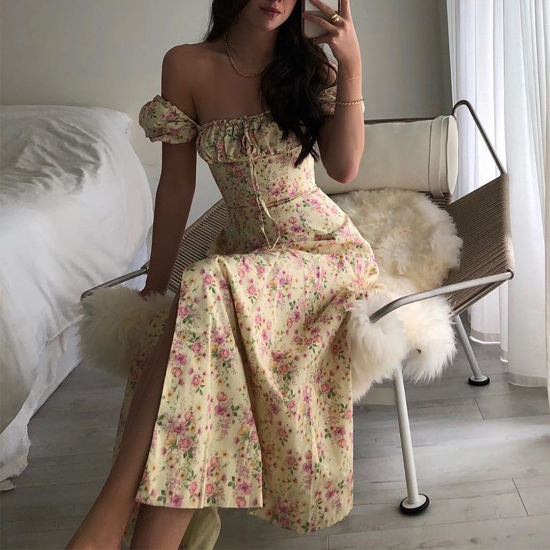 Boho Flower Garden Floral PUFF SLEEVE Square Neck Side Thigh Split Midi Dress on sale - SOUISEE