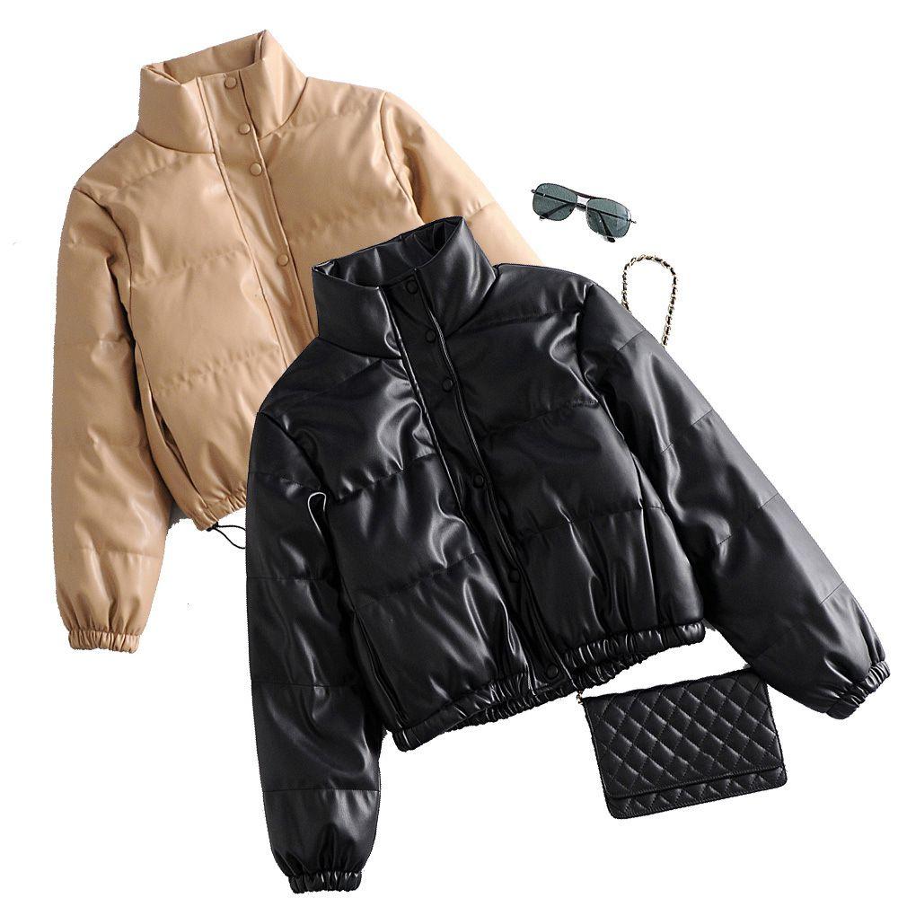 Water Repellent Faux Leather Cotton Padded Waxed Puffer Jacket on sale - SOUISEE