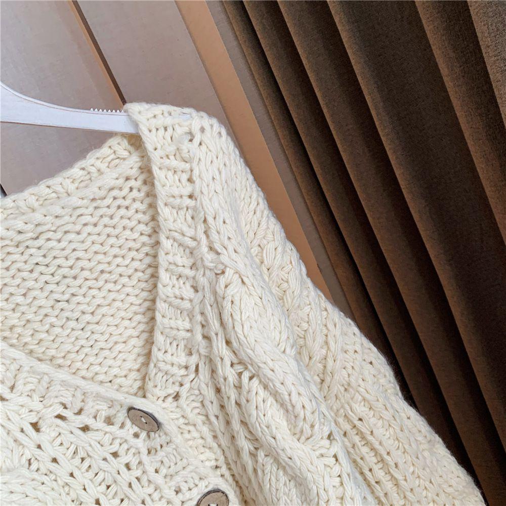 Hand Knitted Braid Chunky Cable Knit V Neck Button Crop Cardigan Sweater on sale - SOUISEE