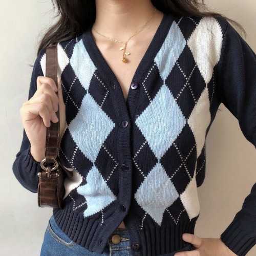 Classic Retro Color block Argyle Print Button Down Sweaters on sale - SOUISEE