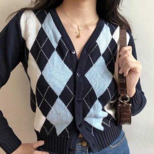 Classic Retro Color block Argyle Print Button Down Sweaters on sale - SOUISEE