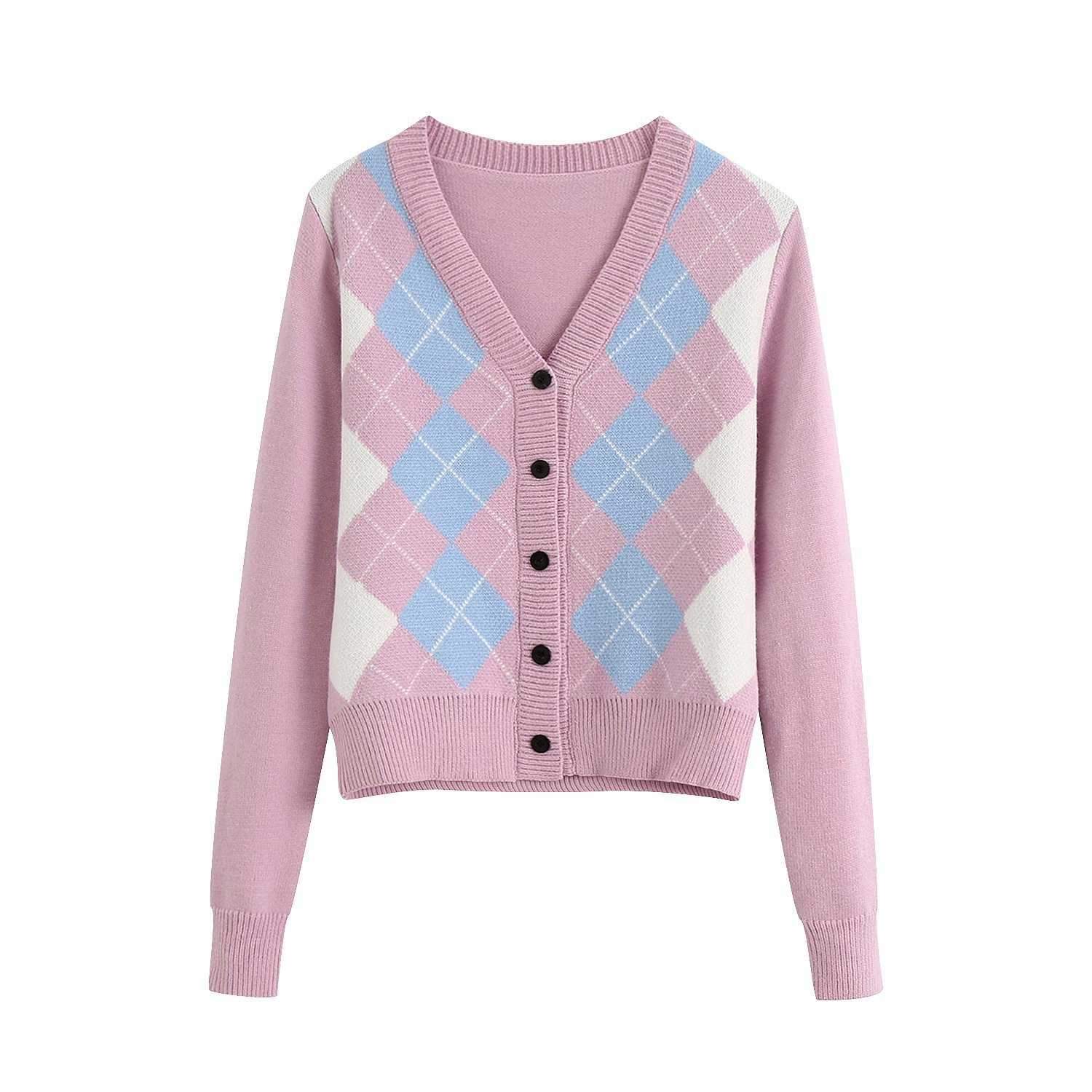 Classic Retro Color block Argyle Print Button Down Sweaters on sale - SOUISEE