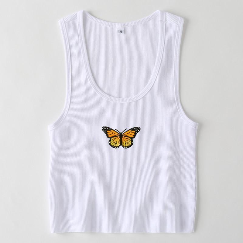 Butterfly Embroidered Ribbed Cotton Workout Tank Crop Top on sale - SOUISEE