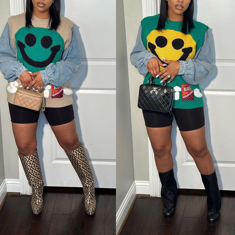 Y2k Smiley Face Fuzzy Embroidered Color Block Knit Denim Sweatshirt Coat