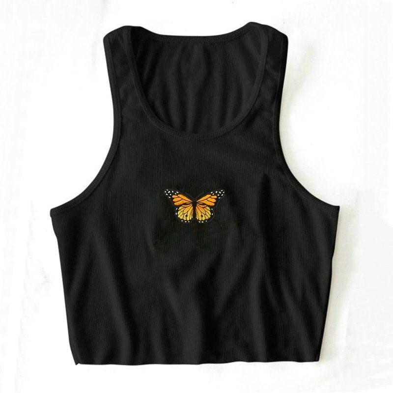 Butterfly Embroidered Ribbed Cotton Workout Tank Crop Top on sale - SOUISEE