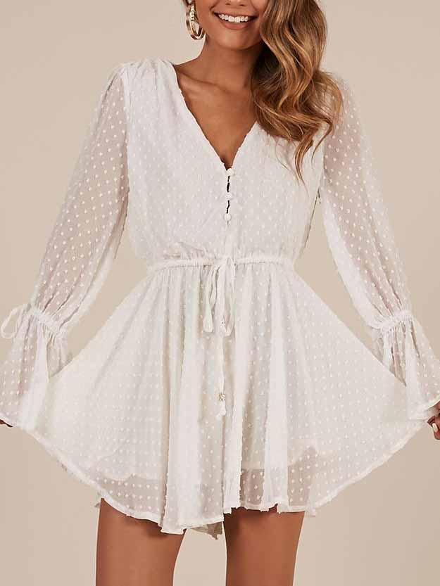 3d Embroidery Chiffon Short Jumpsuit Long Sleeve Romper Dress on sale - SOUISEE