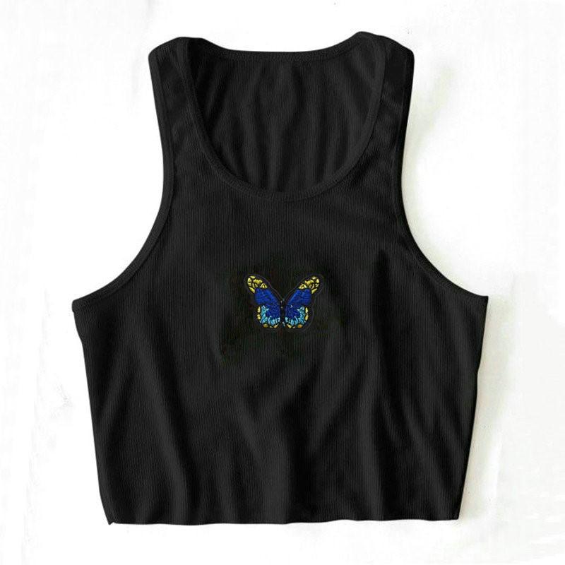 Butterfly Embroidered Ribbed Cotton Workout Tank Crop Top on sale - SOUISEE