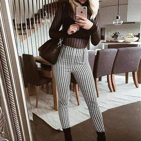 Classic Tummy Slimming Checked Trousers Stretch Skinny Pants on sale - SOUISEE