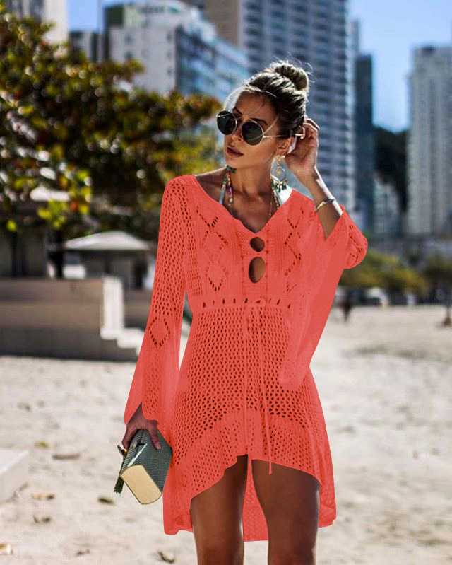 Boho High Low Puff Sleeve Crochet Beach Dress Swim Cover Ups on sale - SOUISEE