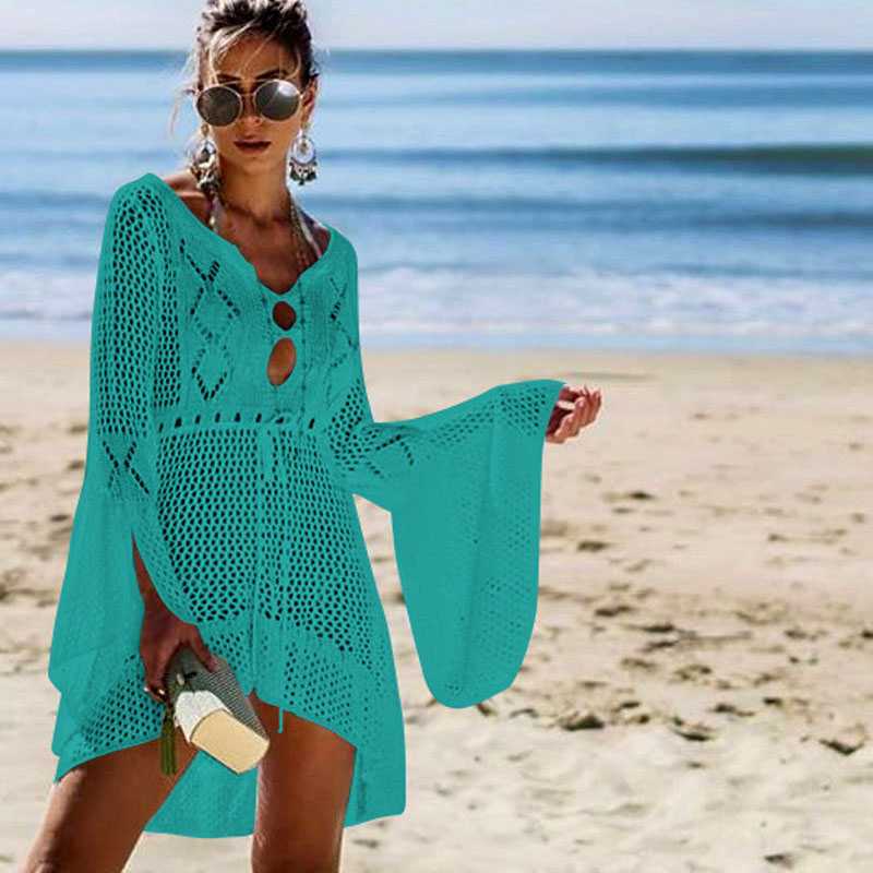 Boho High Low Puff Sleeve Crochet Beach Dress Swim Cover Ups on sale - SOUISEE