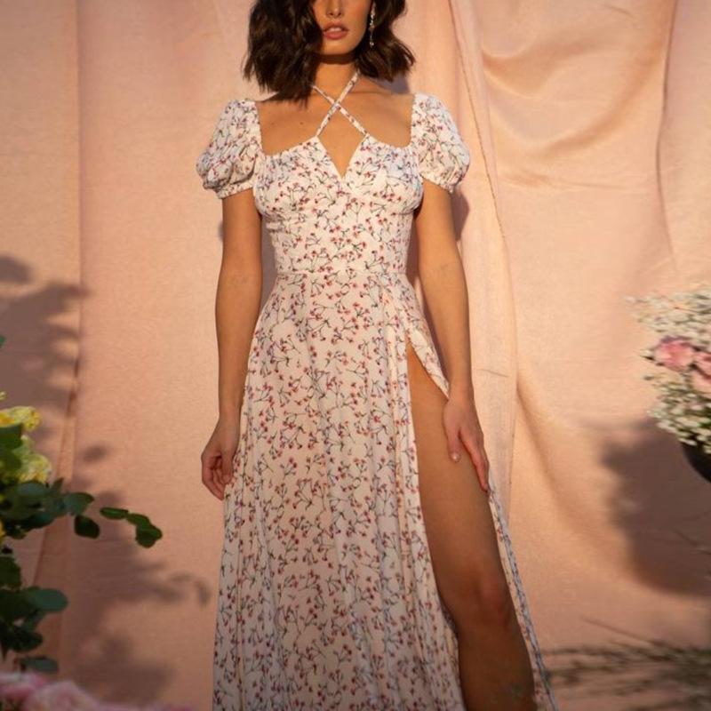 Boho Flower Garden Floral PUFF SLEEVE Square Neck Side Thigh Split Midi Dress on sale - SOUISEE