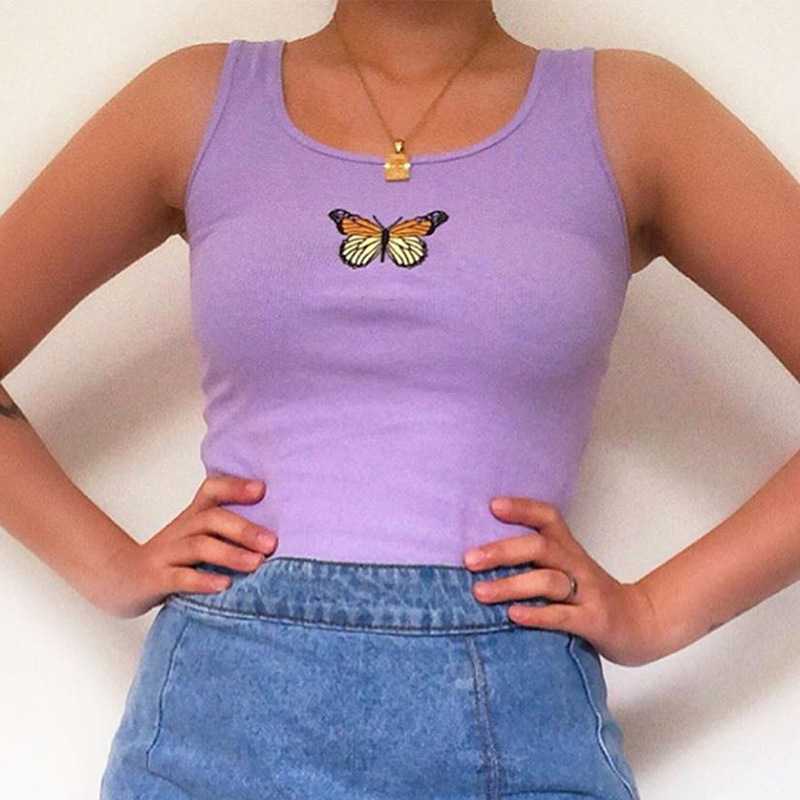 Butterfly Embroidered Ribbed Cotton Workout Tank Crop Top on sale - SOUISEE