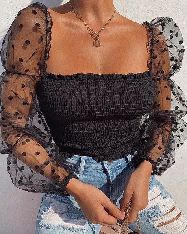 Polka Dot Black Sheer Mesh Long Sleeve Ruched Shirts Tops on sale - SOUISEE