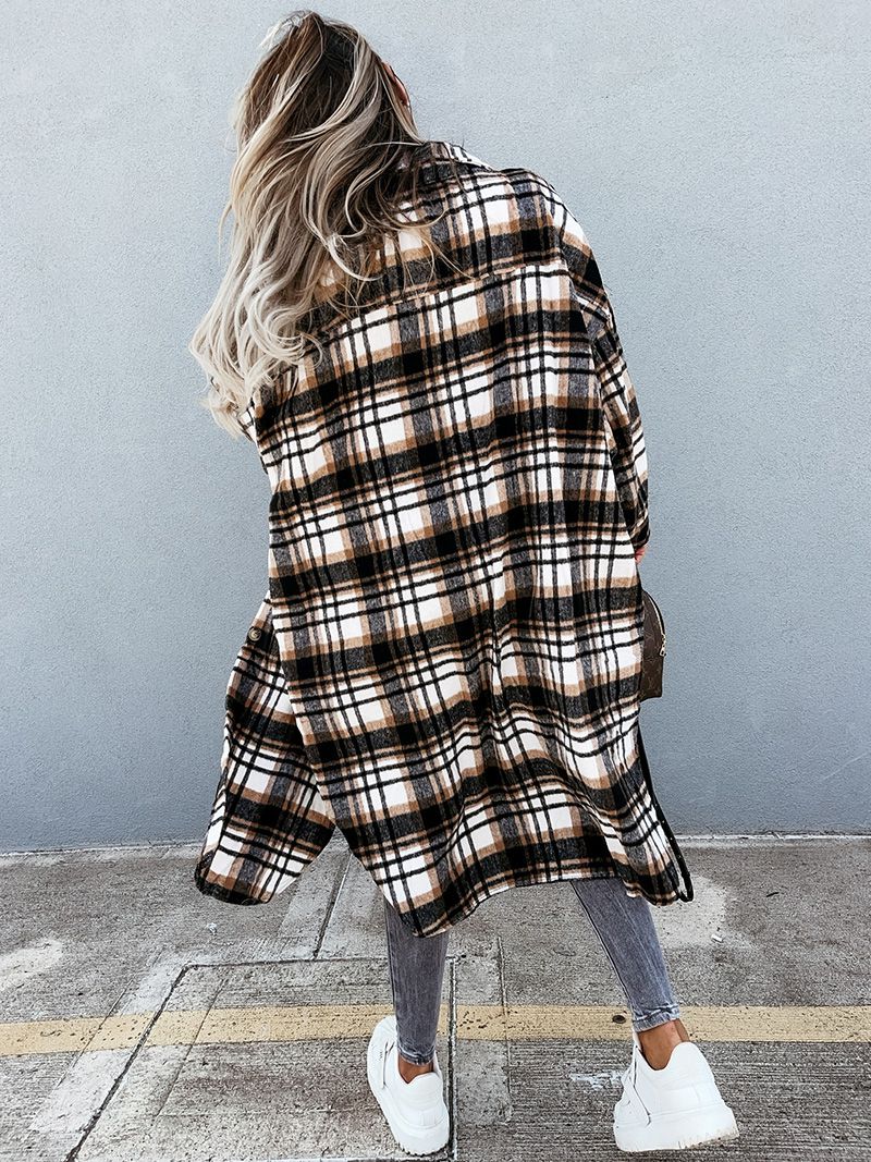 Wool Blend Longline Plaid Shacket Long Checked Peacoat on sale - SOUISEE