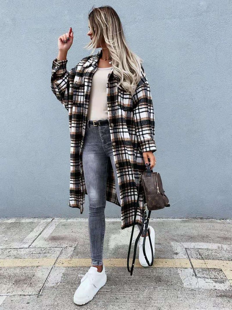 Wool Blend Longline Plaid Shacket Long Checked Peacoat on sale - SOUISEE