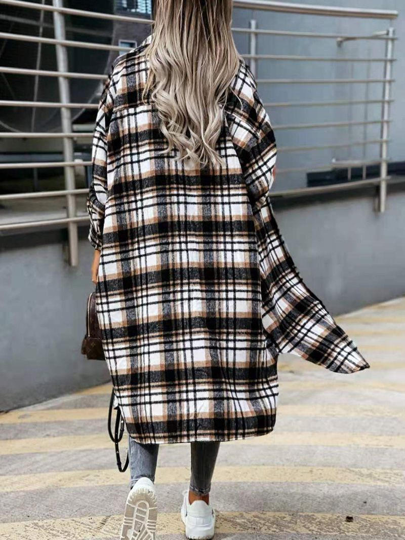 Wool Blend Longline Plaid Shacket Long Checked Peacoat on sale - SOUISEE