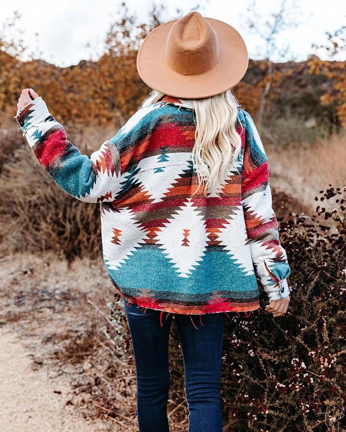 Hippie Tribal Western Retro Aztec Print Pattern Jacket Houndstooth Shacket on sale - SOUISEE