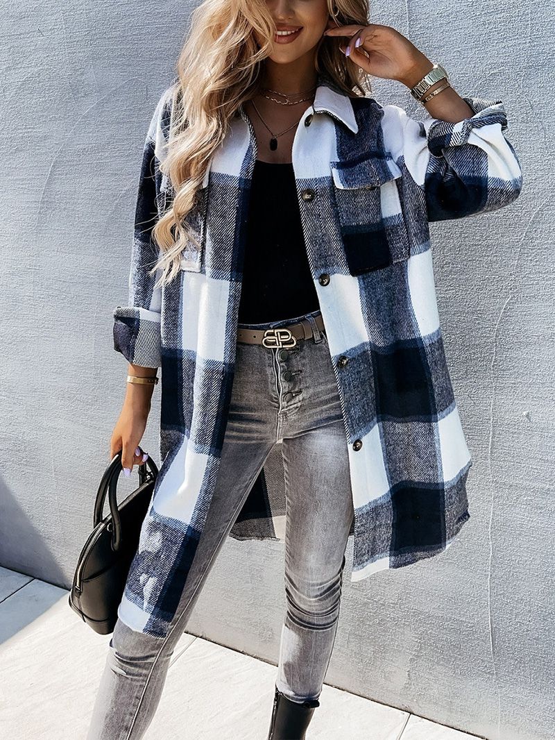 Wool Blend Longline Plaid Shacket Long Checked Peacoat on sale - SOUISEE