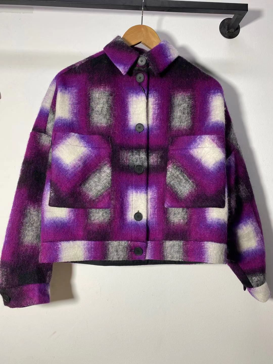 Multicolor Oversized Front Pockets Wool Plaid Flannel Over Shirt Shacket Jacket on sale - SOUISEE