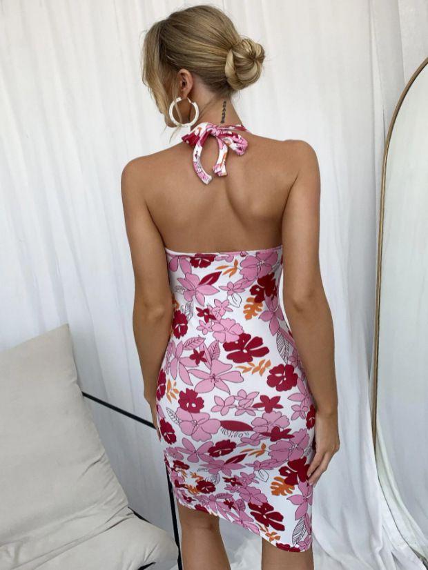 Hibiscus Garden Peony Flowers Hawaiian Floral Print V Halter Neck Bodycon Dress on sale - SOUISEE