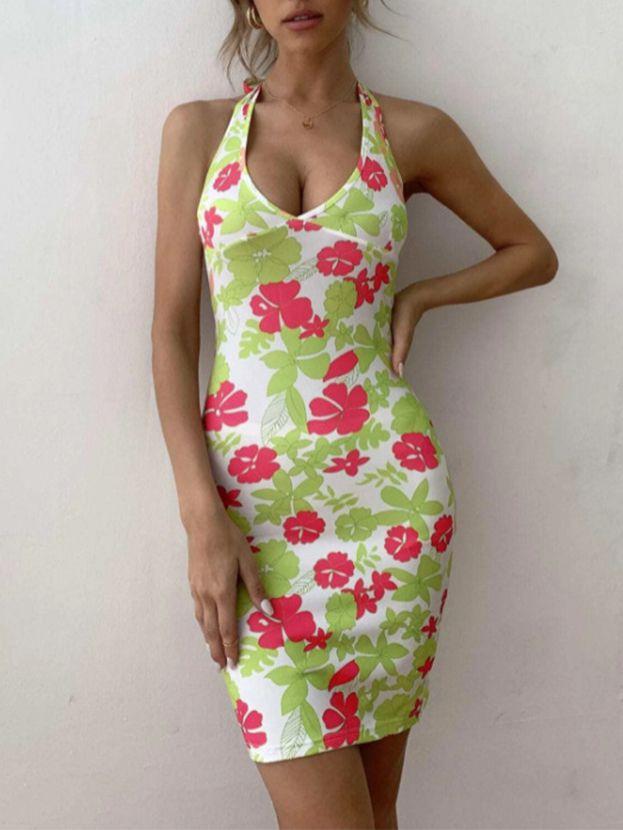 Hibiscus Garden Peony Flowers Hawaiian Floral Print V Halter Neck Bodycon Dress on sale - SOUISEE