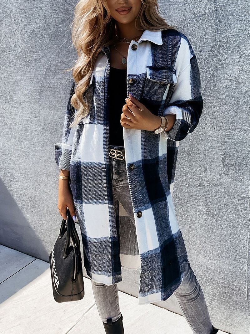 Wool Blend Longline Plaid Shacket Long Checked Peacoat on sale - SOUISEE