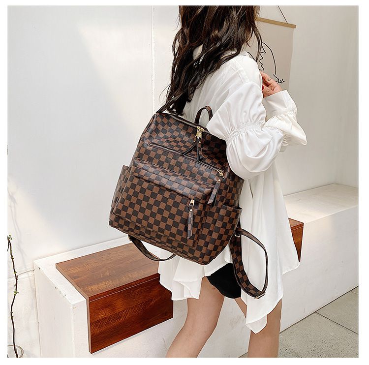 Vintage Faux Leather Check Pattern Print Rucksack Vegan Backpack Tote on sale - SOUISEE