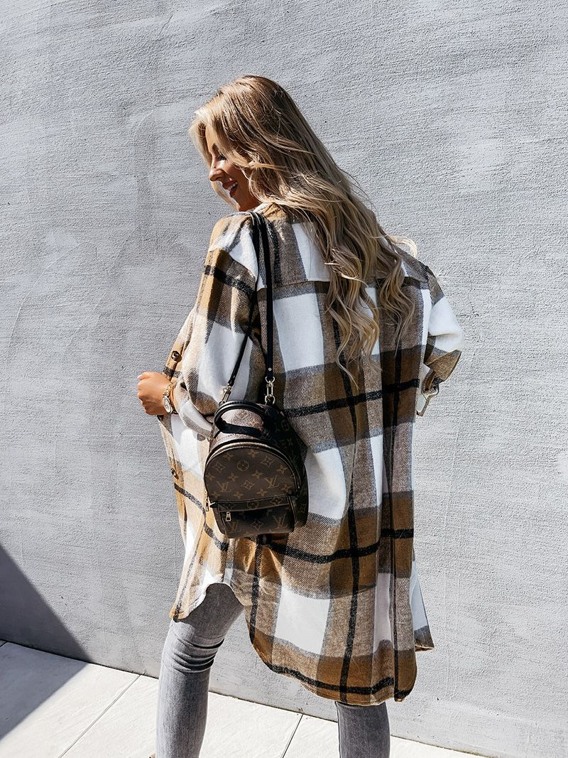 Wool Blend Longline Plaid Shacket Long Checked Peacoat on sale - SOUISEE