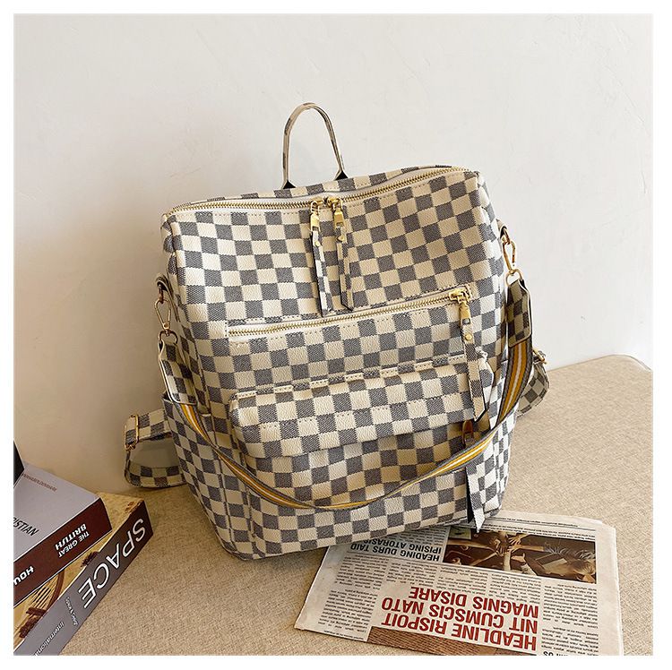 Vintage Faux Leather Check Pattern Print Rucksack Vegan Backpack Tote on sale - SOUISEE