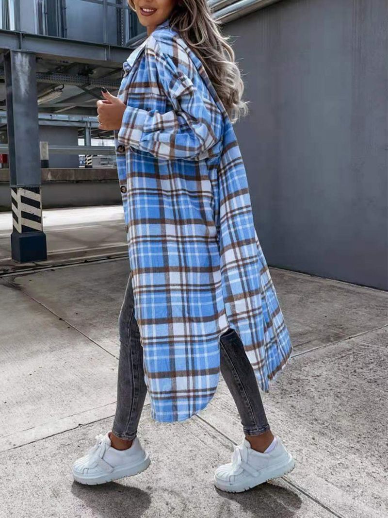 Wool Blend Longline Plaid Shacket Long Checked Peacoat on sale - SOUISEE