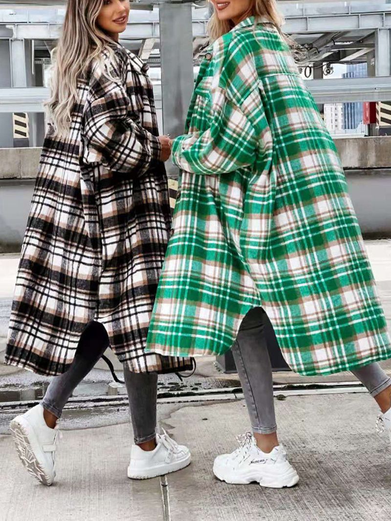 Wool Blend Longline Plaid Shacket Long Checked Peacoat on sale - SOUISEE