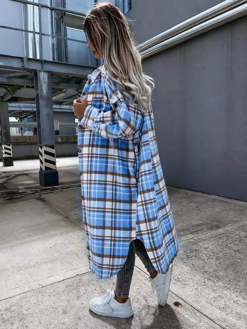 Wool Blend Longline Plaid Shacket Long Checked Peacoat on sale - SOUISEE