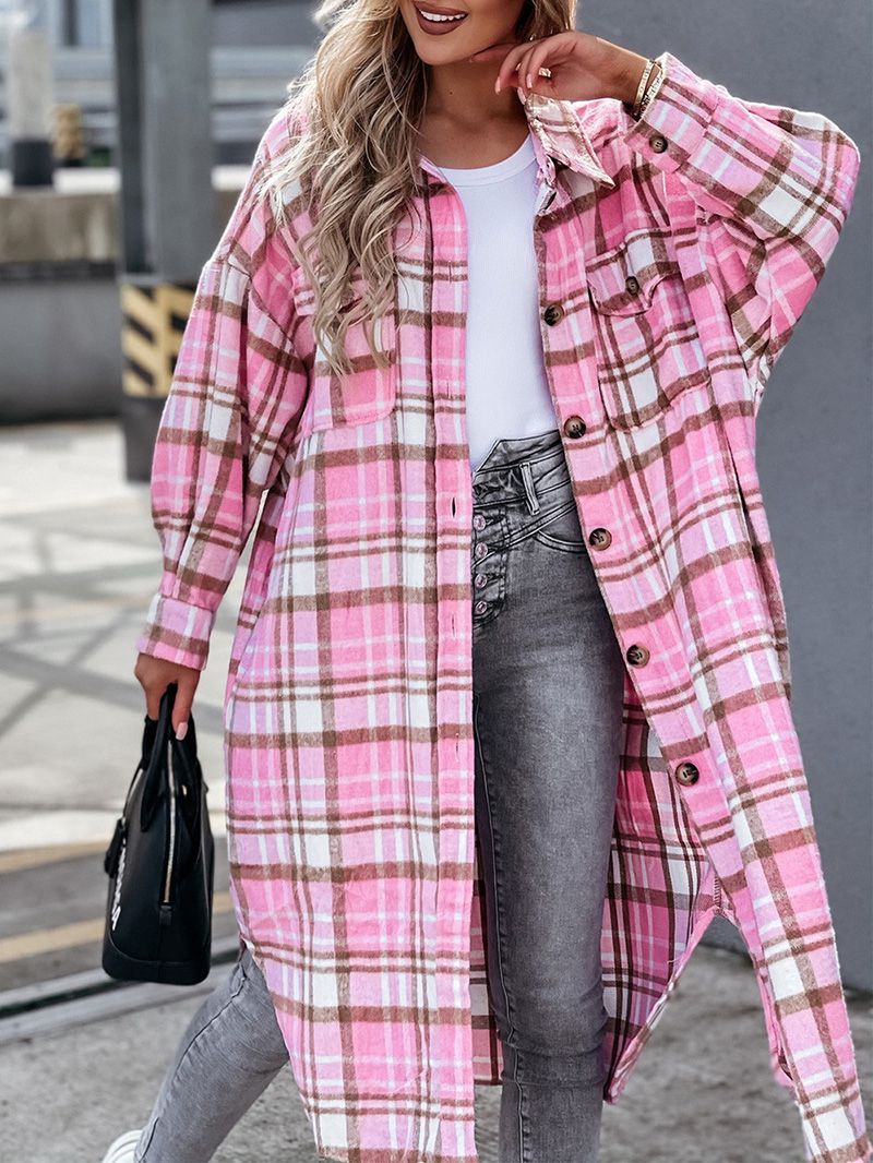 Wool Blend Longline Plaid Shacket Long Checked Peacoat on sale - SOUISEE