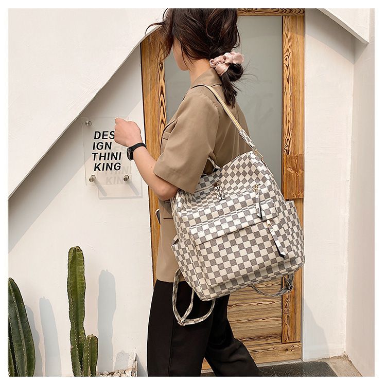 Vintage Faux Leather Check Pattern Print Rucksack Vegan Backpack Tote on sale - SOUISEE