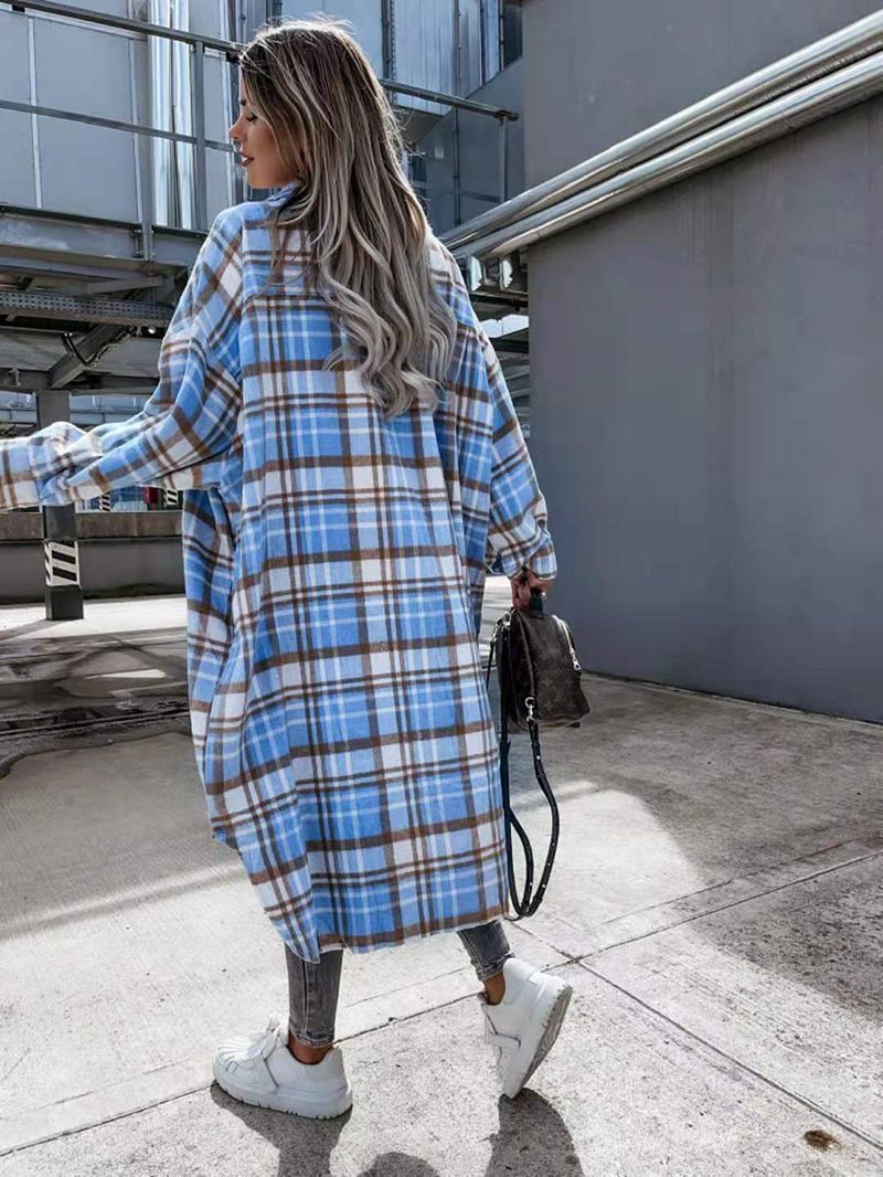 Wool Blend Longline Plaid Shacket Long Checked Peacoat on sale - SOUISEE