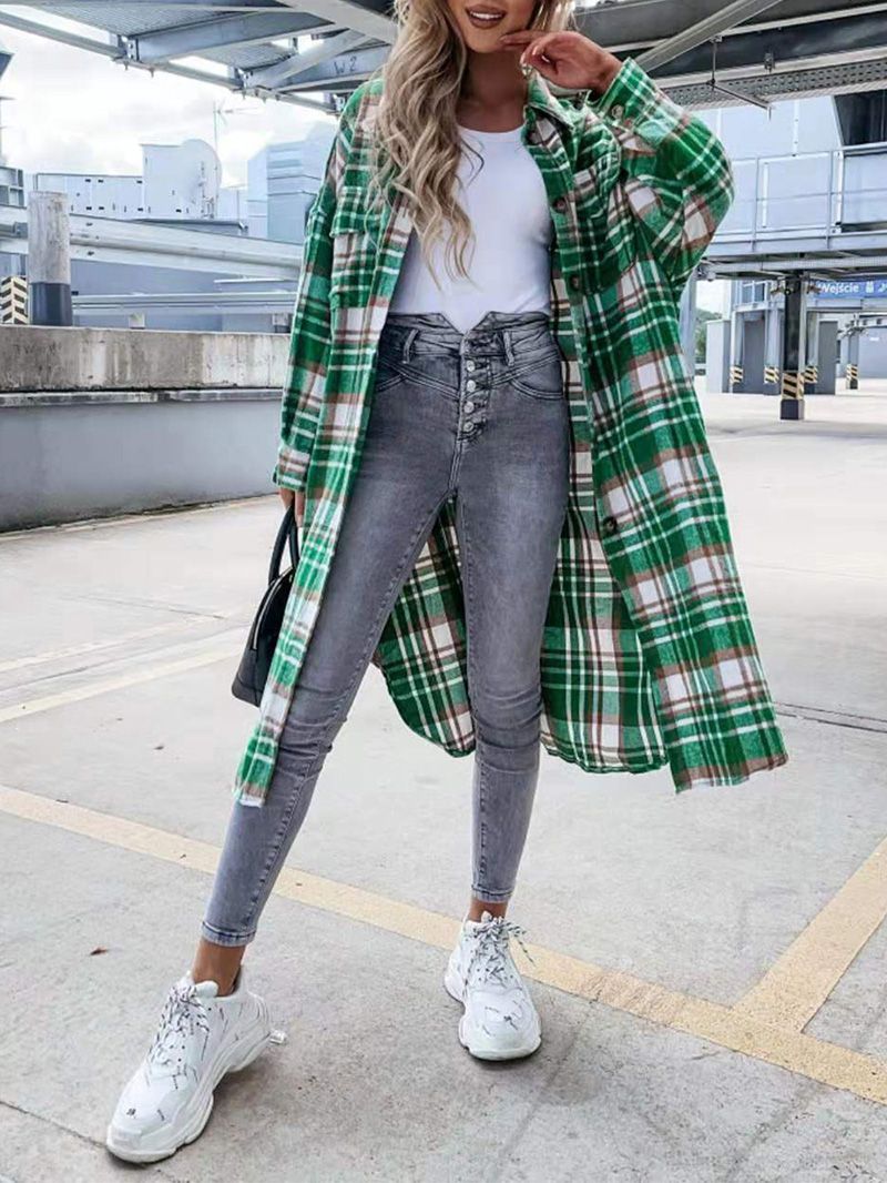 Wool Blend Longline Plaid Shacket Long Checked Peacoat on sale - SOUISEE