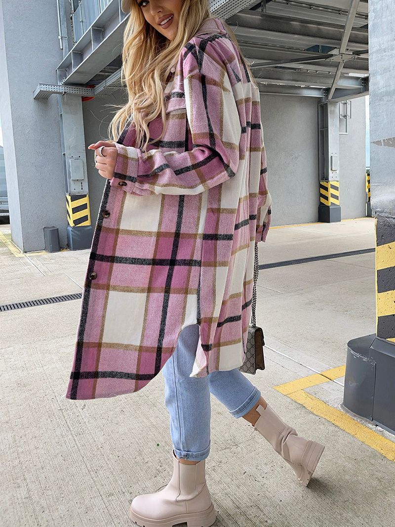 Wool Blend Longline Plaid Shacket Long Checked Peacoat on sale - SOUISEE