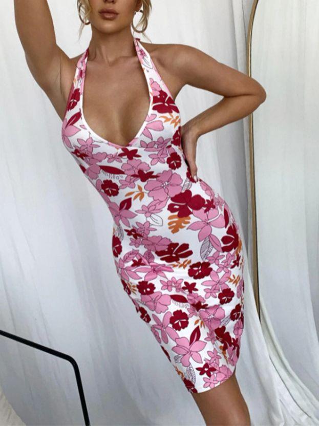 Hibiscus Garden Peony Flowers Hawaiian Floral Print V Halter Neck Bodycon Dress on sale - SOUISEE