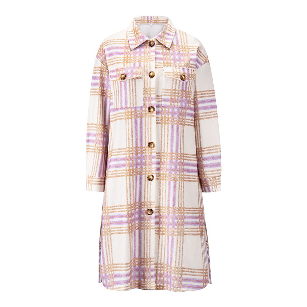 Wool Blend Longline Plaid Shacket Long Checked Peacoat on sale - SOUISEE