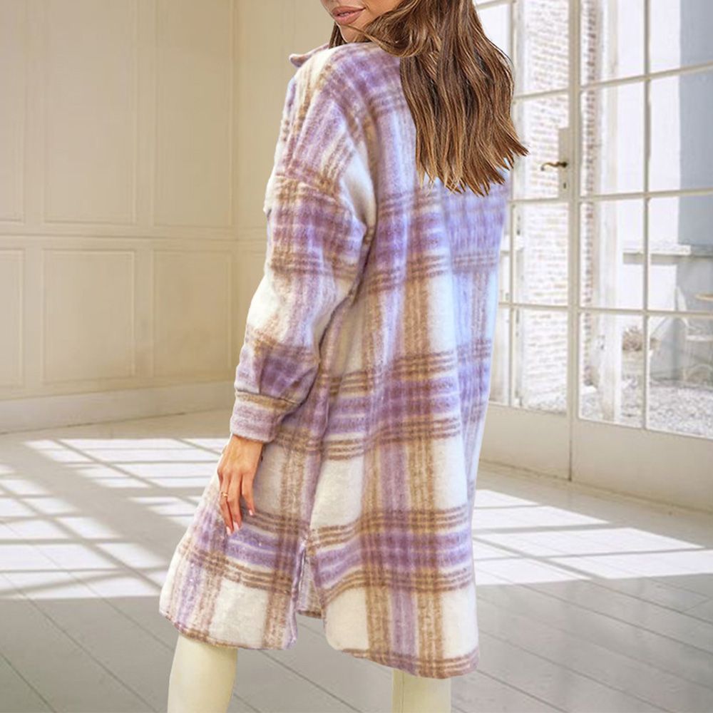 Wool Blend Longline Plaid Shacket Long Checked Peacoat on sale - SOUISEE