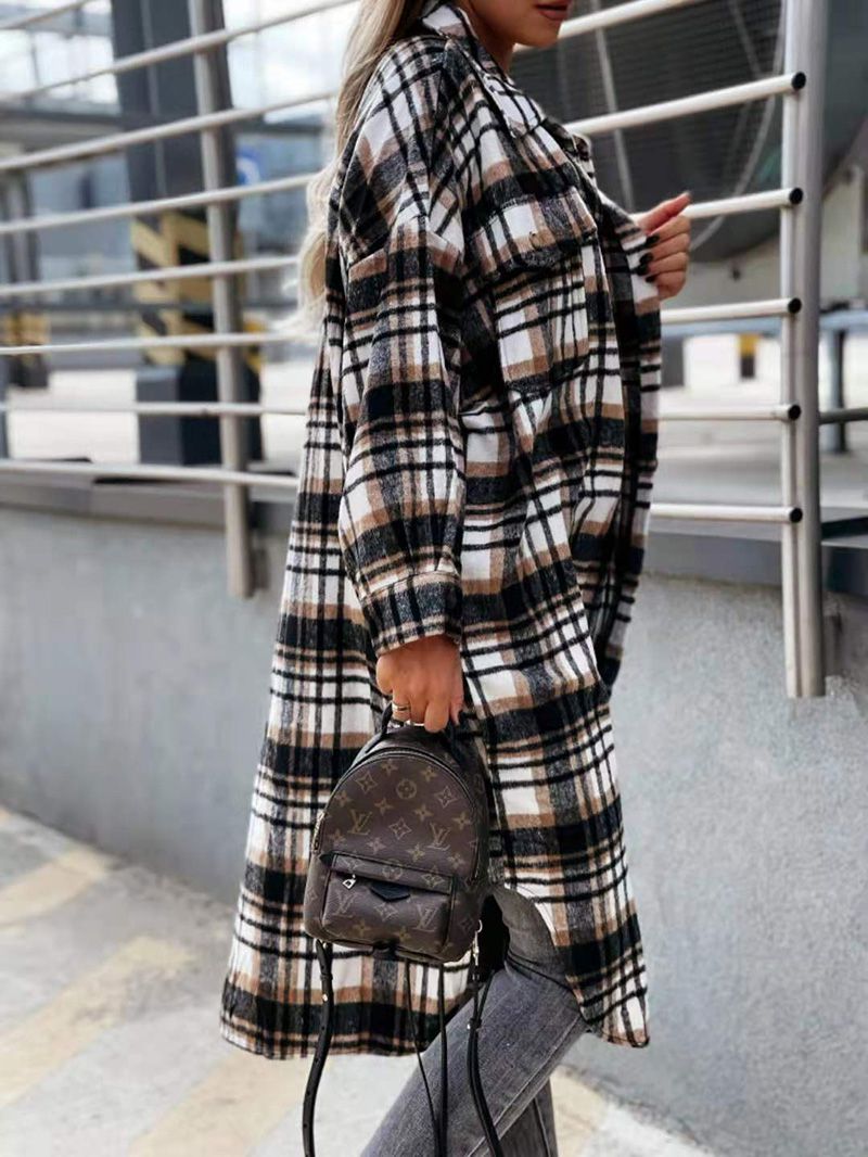 Wool Blend Longline Plaid Shacket Long Checked Peacoat on sale - SOUISEE