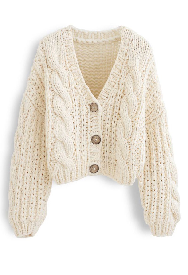 Hand Knitted Braid Chunky Cable Knit V Neck Button Crop Cardigan Sweater on sale - SOUISEE